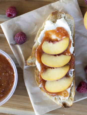 peach and raspberry freezer jam on sourdough