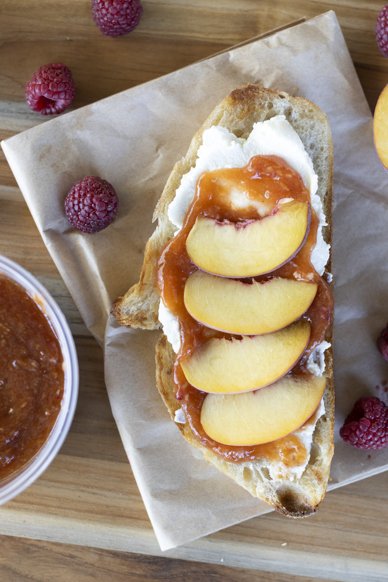 peach and raspberry freezer jam on sourdough