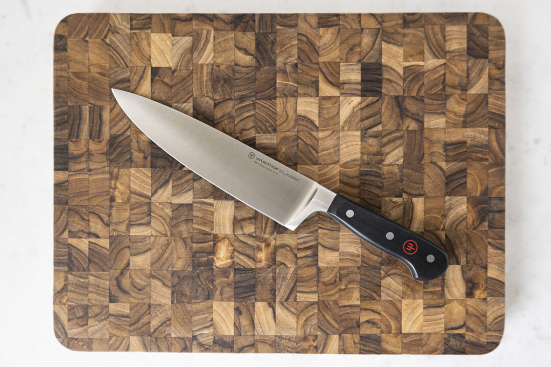 chef's knife on endgrain knife block