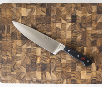 chef's knife on endgrain knife block