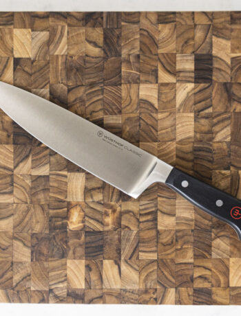 chef's knife on endgrain knife block